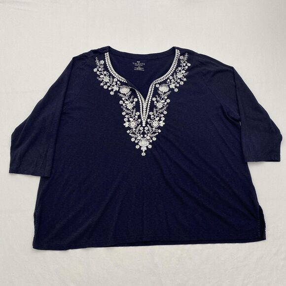 Talbots Navy Blue Top Split Neck Embroidered Cotton Blend Blouse 3X Petite - Picture 1 of 7